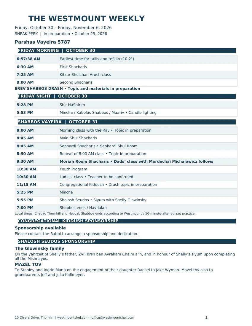 Westmount Weekly Vayeira October 30–November 6, 2026 — sneak peek in preparation