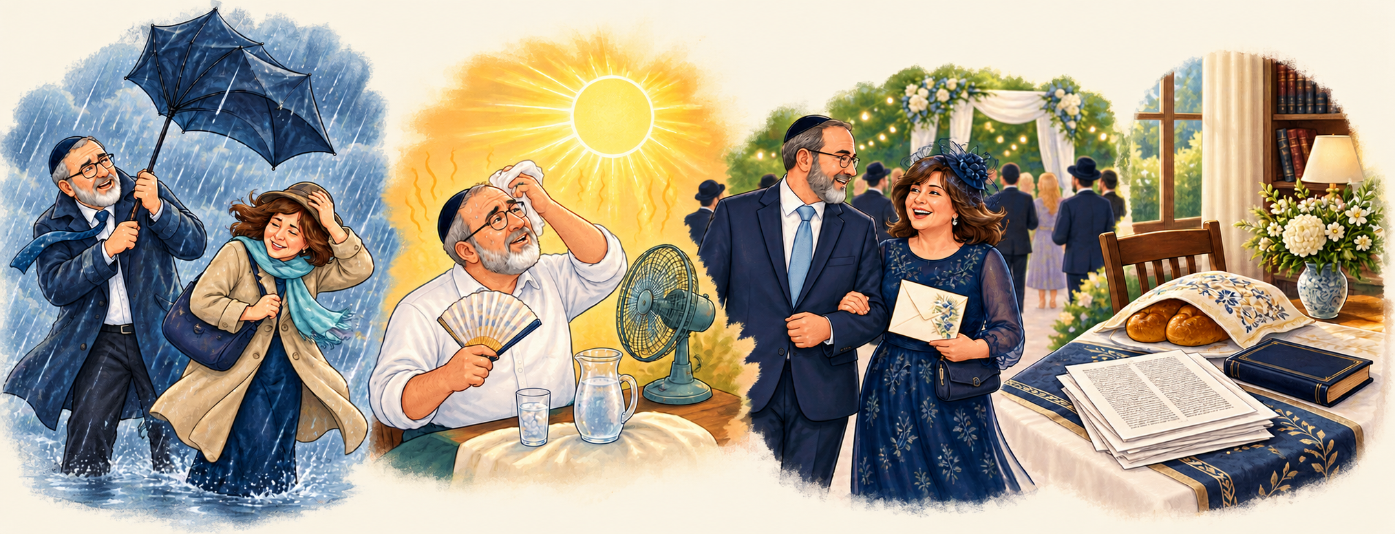 Cartoon scenes of rain, hot weather, a simcha and Westmount Torah ready to print at home